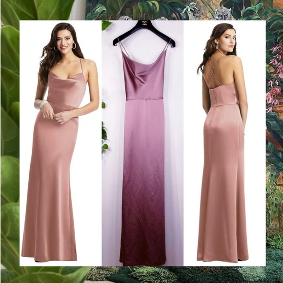 Dessy Mauve Rose S Satin Cowl Neck Thin Strappy Slit Sexy Long Gown Wedding